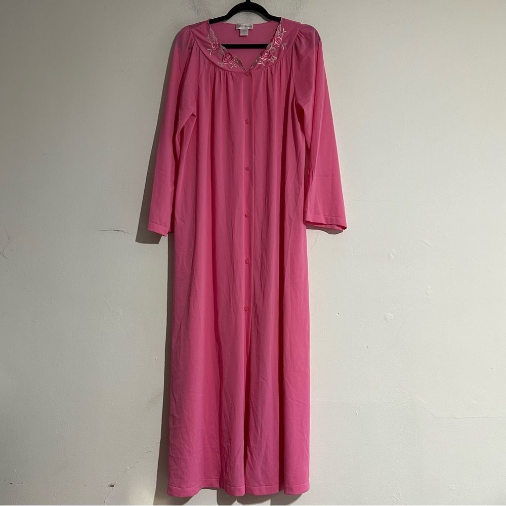 Vintage Shadowline Pink Rose Embroidered Long Sleeve Night Gown Medium Cottage